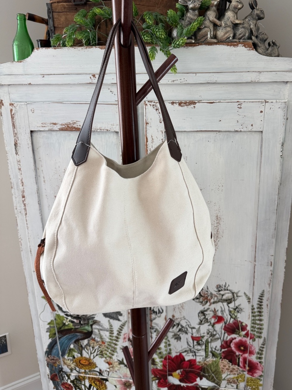 K2 Canvas Hobo Shoulder Bag with Dark Brown Leather Straps - Cream